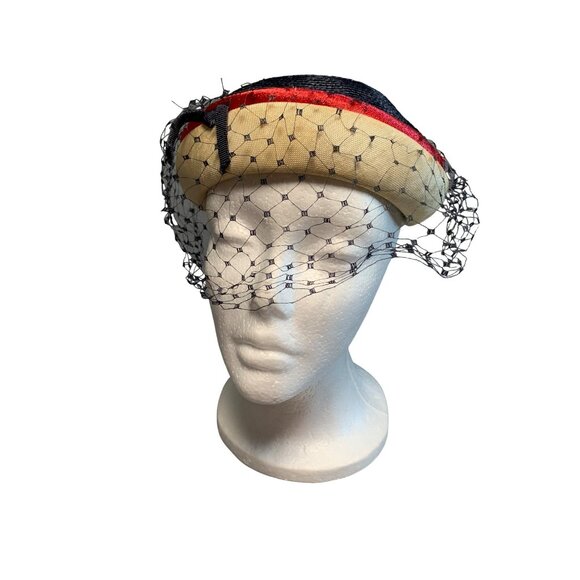 Vintage Navy & Cream Pillbox Hat With Red Trim & Black Veil Sz 22" - Picture 1 of 11